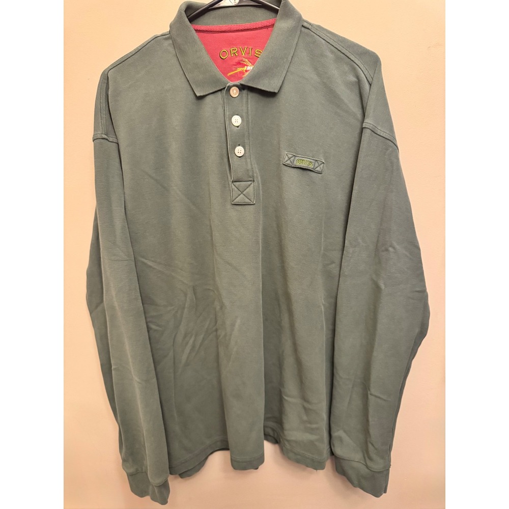 Orvis Long Sleeve Polo Shirt Mens XL Sage Green Pique Knit Outdoors Casual Golf